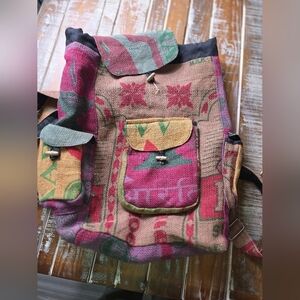 Multicolor Boho Jute Rice Bag Canvas Backpack. Unisex. Festival. 420